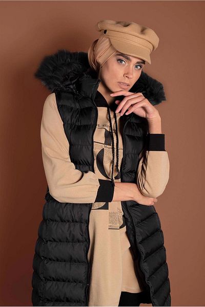 TRENDTESETTÜR Women's Black Hooded Fur Puffer Vest 0503