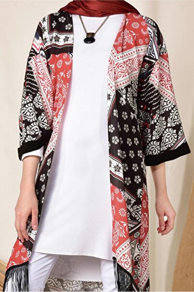 TRENDTESETTÜR Women's Red Patterned Tassel Kimono 4936