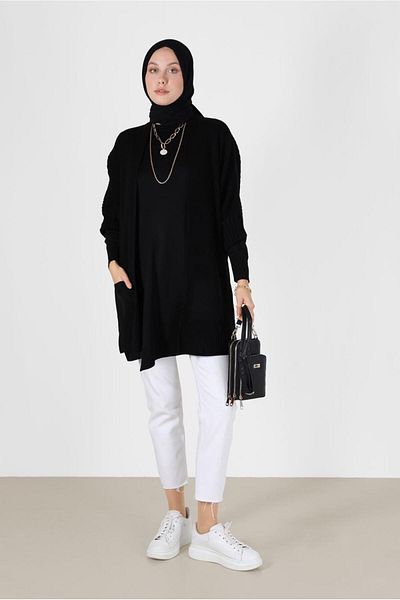 TRENDTESETTÜR Women's Black Half Sleeve Pocket Detailed Cardigan 6627
