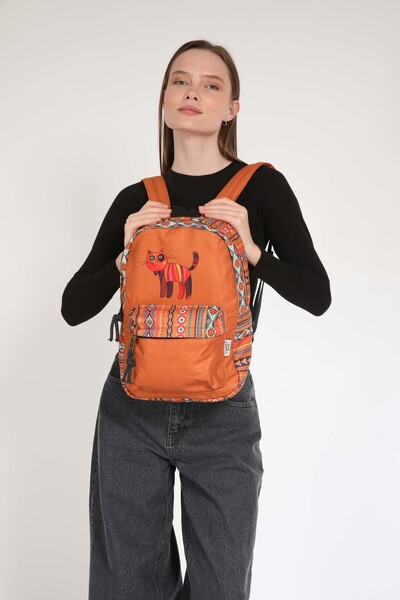 Street Bag Etnik Otantik Bohem Kedi Desenli Su Geçirmez Sırt Çantası Ortopedik Tablet Bölmeli