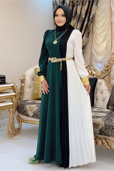 TRENDTESETTÜR Γυναικείο Πράσινο Φόρεμα (ZEMRUT) Τρίχρωμο Πλισέ T 2263