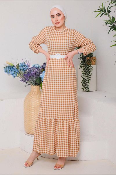TRENDTESETTÜR Γυναικείο Μπεζ φόρεμα Gingham με ζώνη 6922