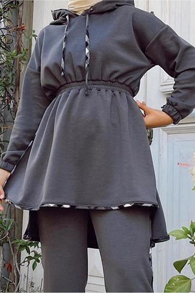 TRENDTESETTÜR Γυναικείο γκρι (SMOKED) Παντελόνι με κουκούλα με διπλό κορδόνι στη μέση. Ο Ομάδα 145