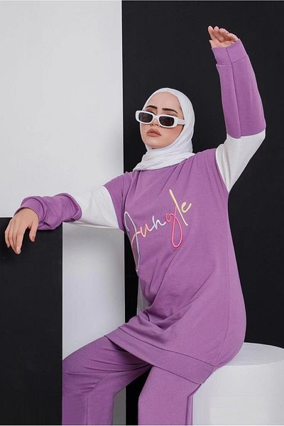 TRENDTESETTÜR Women's Purple (A.PURPLE) Text Detailed Colorful Double Tracksuit Set 9586
