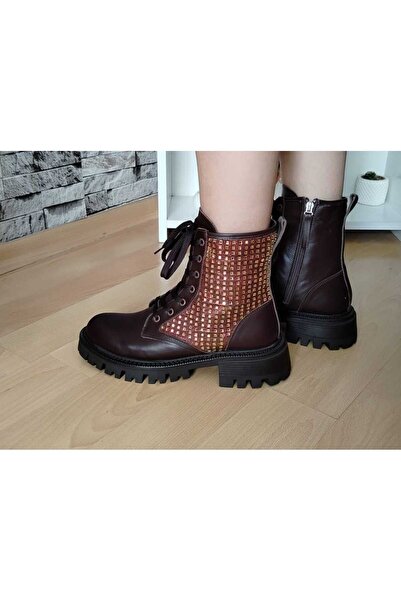 Zera yanları taş ışılı kahverengi hakiki deri kadın bot