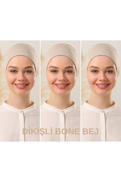 Melodi Scarf Women's Hijab Stitched Set Beige 3 Pieces Binding Combed Cotton Bonnet