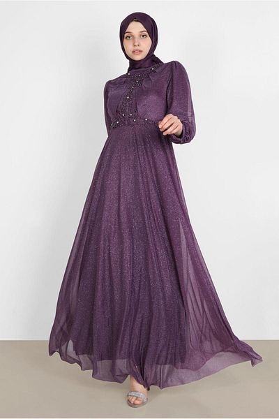 TRENDTESETTÜR Rochie de seară argintie cu mărgele mov pentru femei 4353