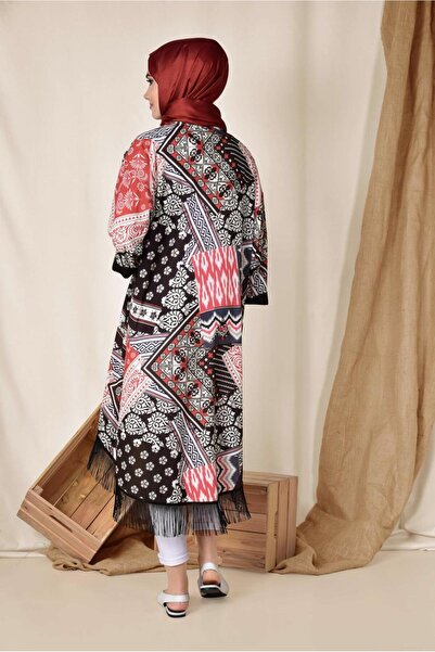 TRENDTESETTÜR Women's Red Patterned Tassel Kimono 4936