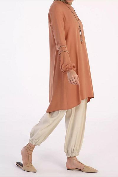 TRENDTESETTÜR Women's Brown (TILE) Cuffs Guipure Detailed Tunic 86005