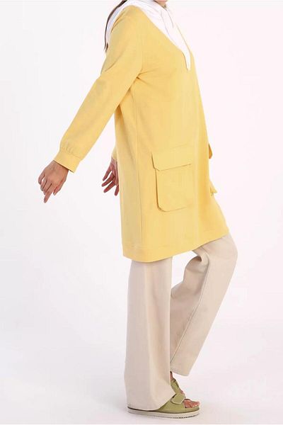 TRENDTESETTÜR Women's Yellow Pocket Detailed Hooded 2-coloured Tunic 50125