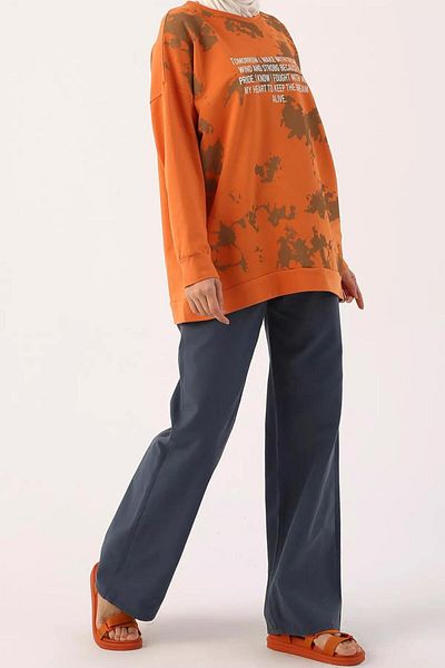 TRENDTESETTÜR Women's Orange Tie Dye Print Patterned Text Detailed Tunic 62001