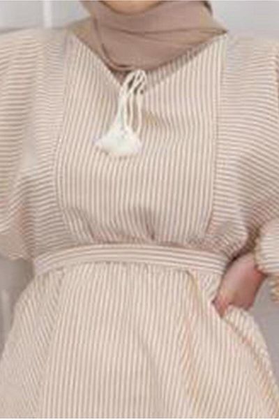 TRENDTESETTÜR Beige Striped Lace-Up Women's Tunic - 1218