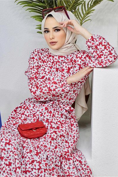 TRENDTESETTÜR Red Floral Print Women's Belted Dress - 52001