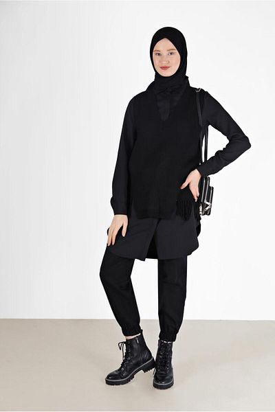 TRENDTESETTÜR Women's Black Tassel Detailed Knitwear Sweater 14541