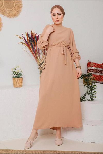 TRENDTESETTÜR Γυναικείο φόρεμα καφέ (CAMEL) με ελαστικό ζώνη 1042