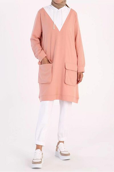 TRENDTESETTÜR Women's Powder Pocket Detailed Hooded 2-coloured Tunic 50125