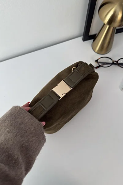 LEONAS Women's Hand and Shoulder Bag with Gold Lock Accessory Santorini Suede Khaki