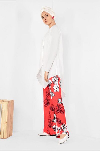 TRENDTESETTÜR WOMEN'S RED ASYMMETRIC CUT FLORAL PATTERNED DOUBLE PANTSET 4942