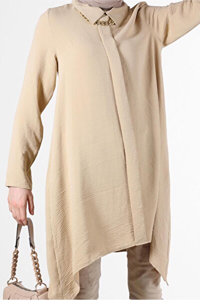 TRENDTESETTÜR Women's Brown (CAMEL) Chain Collar Asymmetric Cut Tunic 1301