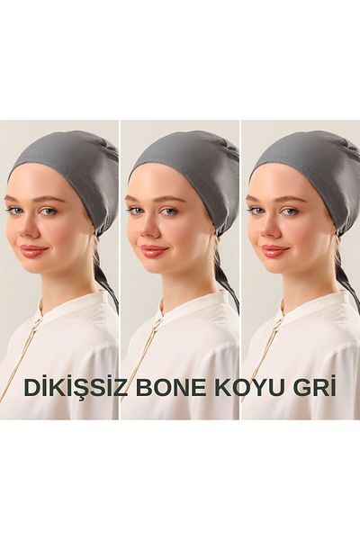 Melodi Scarf Women's Hijab Seamless Set Bonnet Dark Gray 3Pcs Laced Combed Cotton Bonnet