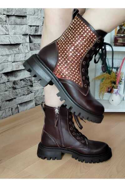 Zera yanları taş ışılı kahverengi hakiki deri kadın bot