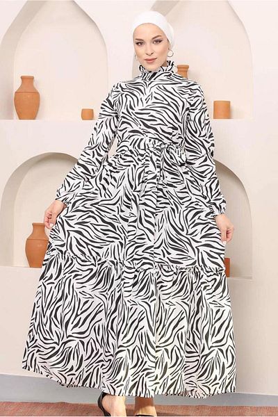 TRENDTESETTÜR Μαύρο γυναικείο φόρεμα με ζώνη με σχέδιο Zebra - 45001