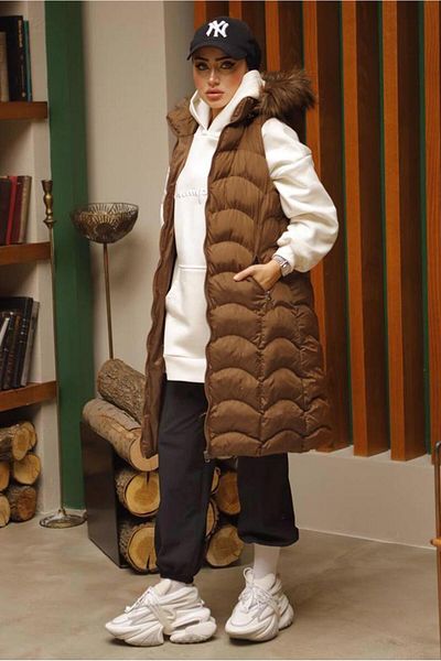 TRENDTESETTÜR Women's Tan Hooded Fur Puffer Vest 7429