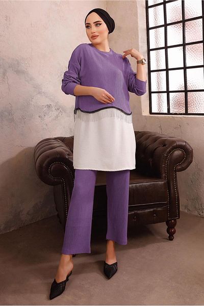 TRENDTESETTÜR Women's Purple (LILA) Chain Detailed Double Pants Set T 1492