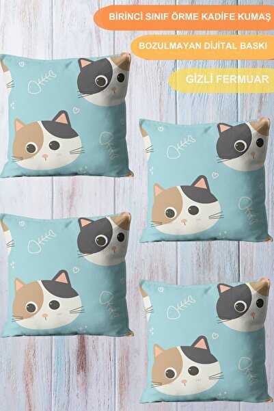 CİMENS 4-Seat Digital Printed Gift Sofa - Turquoise Floor Cat Patterned Cartoon