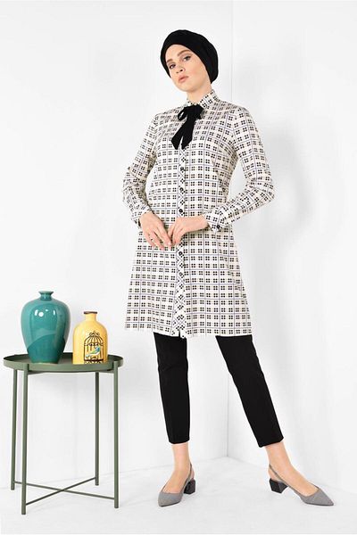 TRENDTESETTÜR Women's Powder Collar Lace-up Plaid Patterned Tunic 4912
