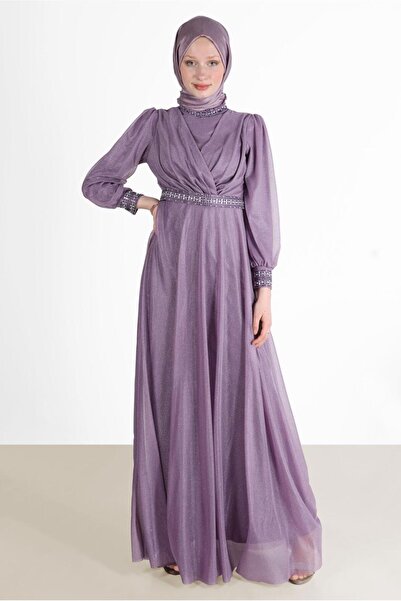 TRENDTESETTÜR KADIN MOR (LİLA) TAŞLI SİMLİ ABİYE 0353
