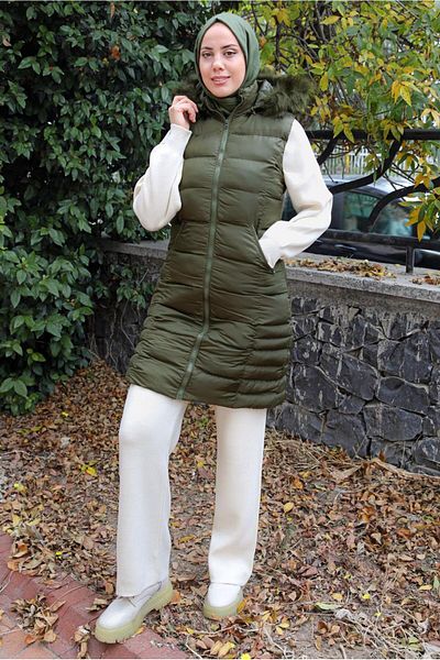 TRENDTESETTÜR Women's Khaki Zippered Hooded Puffer Vest 4040