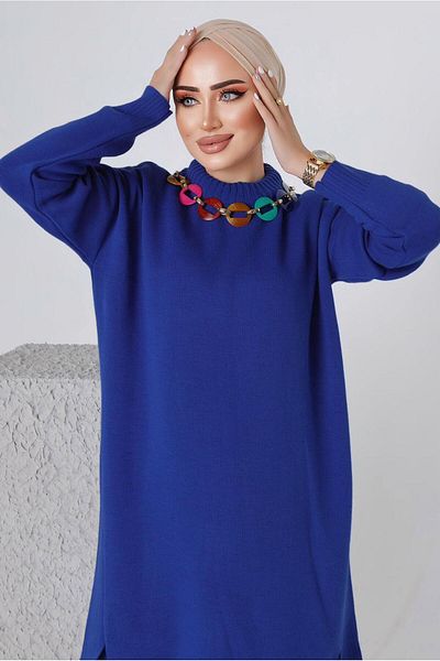 TRENDTESETTÜR Γυναικείο Navy Blue (σακούλα) Πλεκτό Σετ με Λεπτομέρεια Αλυσίδας και Παντελόνι 8592-1