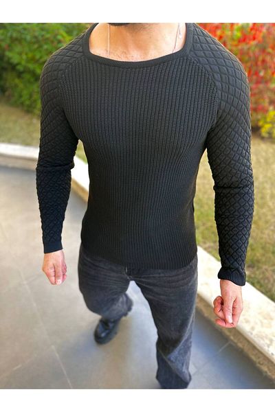 elkumoda Pulover din bumbac natural SlimFit cu decolteu triplu - Darkesim