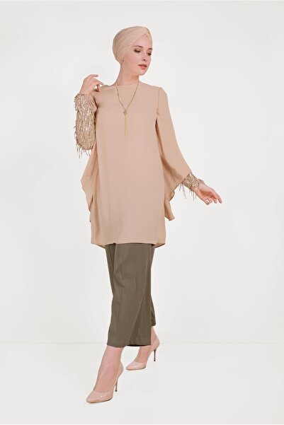 TRENDTESETTÜR Women's Cream (TEN) Tasseled Tunic with Sleeves 40562