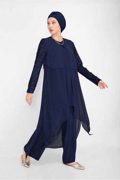 TRENDTESETTÜR Γυναικείο τριπλό παντελόνι με παγιέτες Navy Blue Sequins. Ο ομιλίας 30036