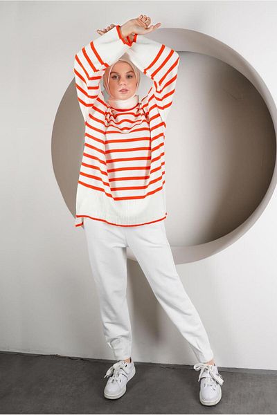 TRENDTESETTÜR Women's Orange (orange) Striped Turtleneck Knitwear Tunik 2111
