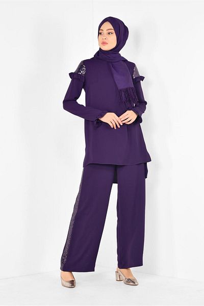 TRENDTESETTÜR Women's Purple Sequin Ruffle Trousers Suit 4252