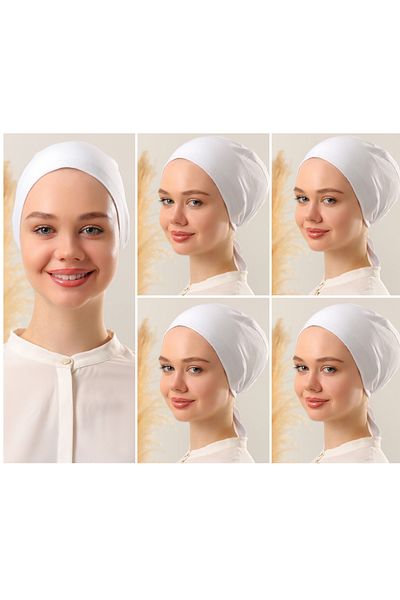 Melodi Scarf White Hijab Stitched Women's Set - 5 Tied Combed Cotton Bonnet