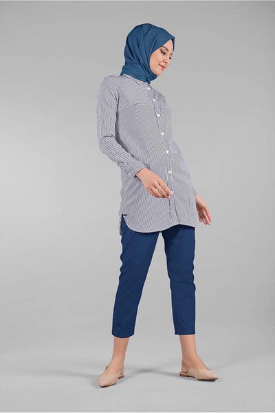 TRENDTESETTÜR WOMEN'S DARK BLUE STRIPED BUTTON TUNIC T 3333
