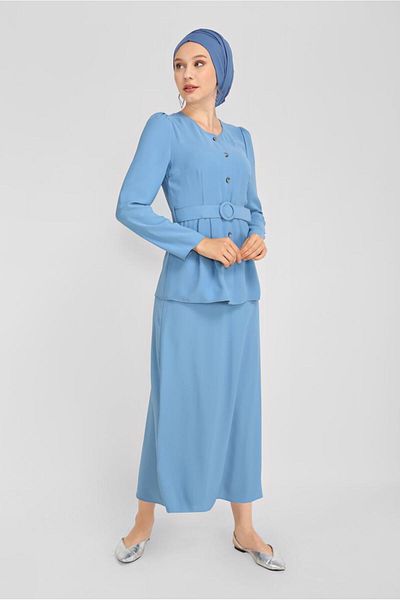 TRENDTESETTÜR Women's Blue Buttoned Double Skirt Suit 40793