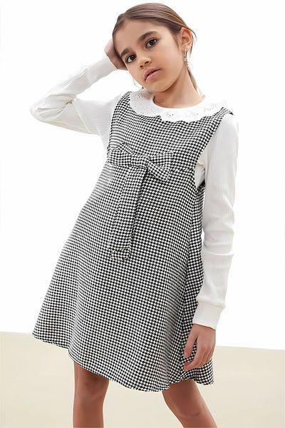 Mevsim Butik Festive Black Houndstooth Patterned Girl's Badi Dress with Bow