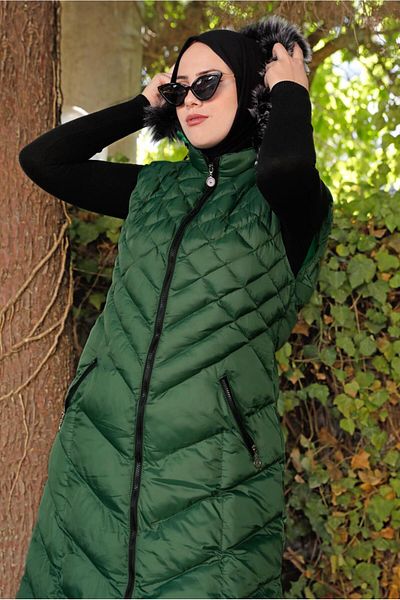 TRENDTESETTÜR Women's Green (benetton) Hooded Quilted Puffer Vest 0021