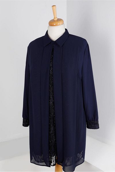 TRENDTESETTÜR Women's Navy Blue Glitter Lace Tunic T 20042
