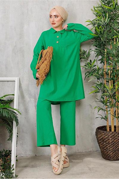 TRENDTESETTÜR Green Beneton Women &Apos; S Trousers - Elastic Cuffs and Button Detail Suit 9352