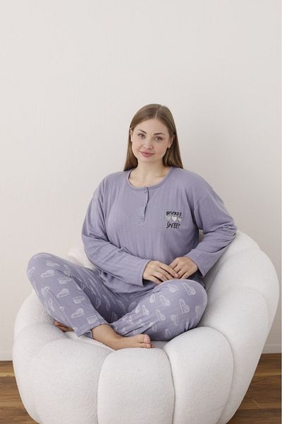 Eyfuze Women's Winter Plus Size Curve Embroidered Patterned Collar Buttoned Long Sleeve Pajama Set