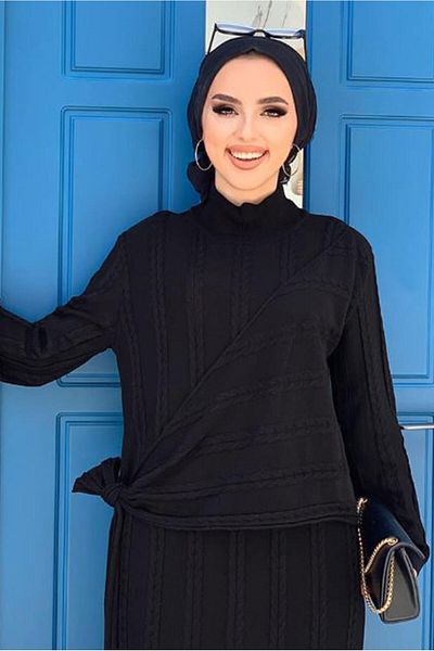TRENDTESETTÜR Γυναικείο Πλεκτό Φόρεμα με Μαύρο Δέσιμο με Λεπτομέρεια 70222