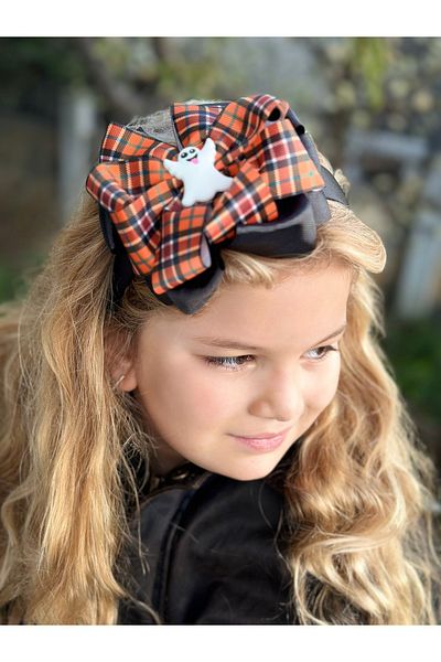 QUEEN AKSESUAR Luxury Special Design - Layered Bow and Plaid Patterned Pumpkin Ghost Decorated Halloween Party Crown
