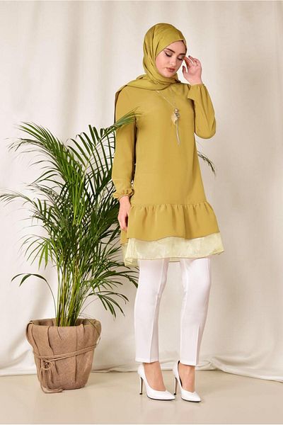 TRENDTESETTÜR Women's Yellow (SAFRAN) Tunic with Tulle Hem 4860