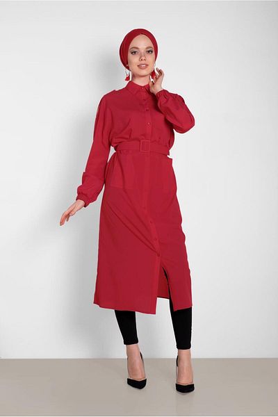 TRENDTESETTÜR Women's Red Neck Buttoned Men's Collar Tunic 4243